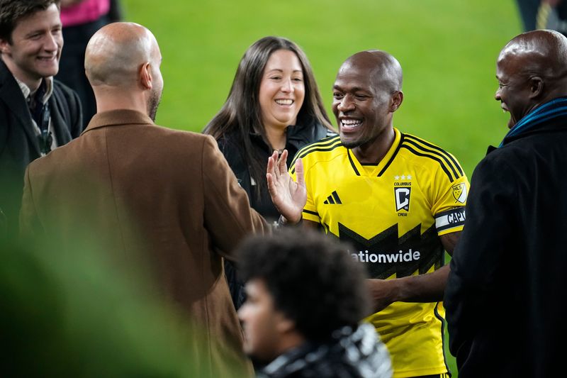 Columbus Crew midfielder Darlington Nagbe (6) celebrates with friends and family following the 4-0 win over FC Cincinnati in the second game of the first round MLS Cup Playoffs match at Lower.com Field in Columbus on Nov. 2, 2025.
