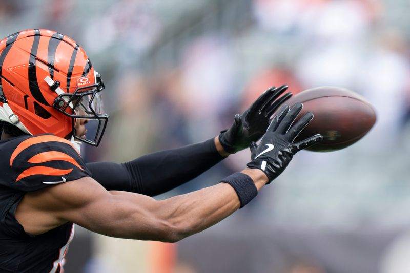 Cincinnati Bengals wide receiver Mitchell Tinsley (82) catches a pass before the NFL football game between Chicago Bears and Cincinnati Bengals at Paycor Stadium in Cincinnati on Nov. 2, 2025.