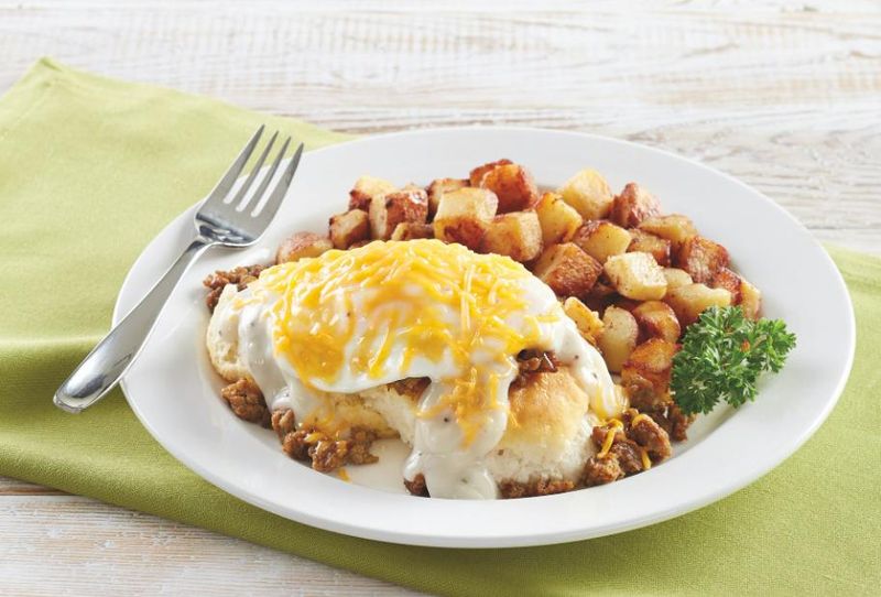 Country Biscuit Breakfast — a buttermilk biscuit topped with an egg, crumbled sausage, country gravy and cheddar cheese — is one of 10 free-meal options offered to veterans on Nov. 11 at Bob Evans restaurants.