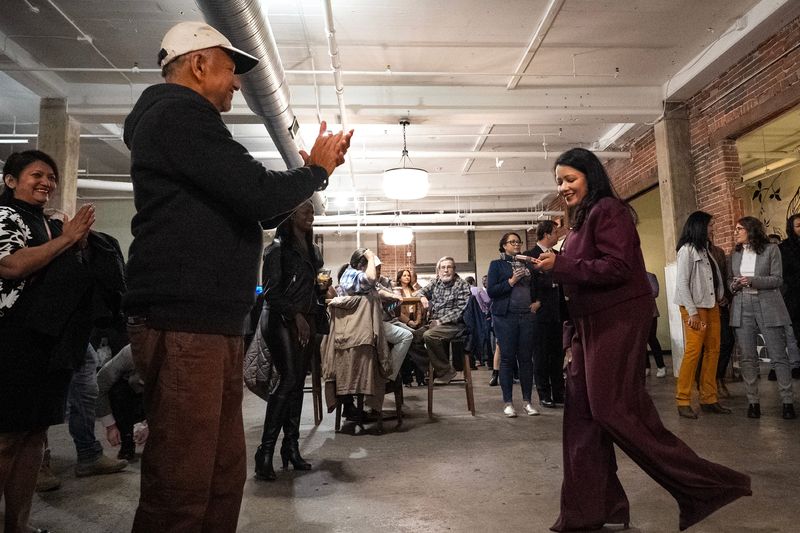 Franklin County Municipal Court judge elect Ajmeri Hoque is applauded after giving a speech at the Franklin County Democratic Party's election night party in at Strongwater Events on Tuesday, Nov. 4, 2025 in Columbus, Ohio. Hoque is the first Muslim to be a candidate for judge in Franklin County.