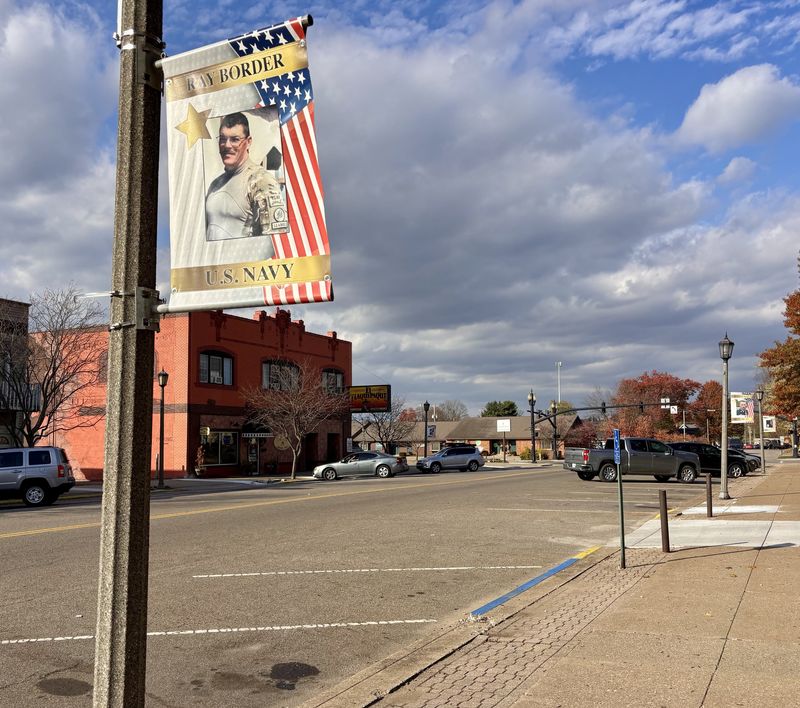 The local Blue Star Mothers chapter sponsors a veterans banner program with banners attached to light posts throughout Downtown Coshocton honoring currently serving and no longer active military personnel. This includes those who were killed in action, such as this banner dedicated to Ray Border, who died while serving in Afghanistan in 2011.
