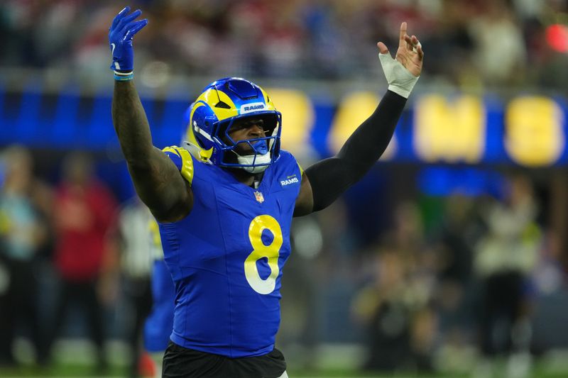 Oct 2, 2025; Inglewood, California, USA; Los Angeles Rams linebacker Jared Verse (8) reacts against the San Francisco 49ers during the second half at SoFi Stadium. Mandatory Credit: Kirby Lee-Imagn Images