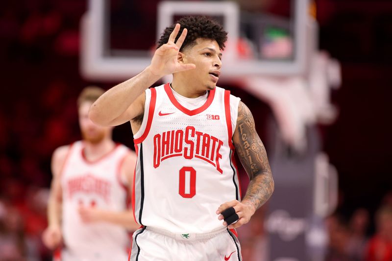 Nov 7, 2025; Columbus, Ohio, USA; Ohio State Buckeyes guard John Mobley Jr. (0) celebrates a three point basket during the first half against the Purdue Fort Wayne Mastodons at Value City Arena. Mandatory Credit: Joseph Maiorana-Imagn Images