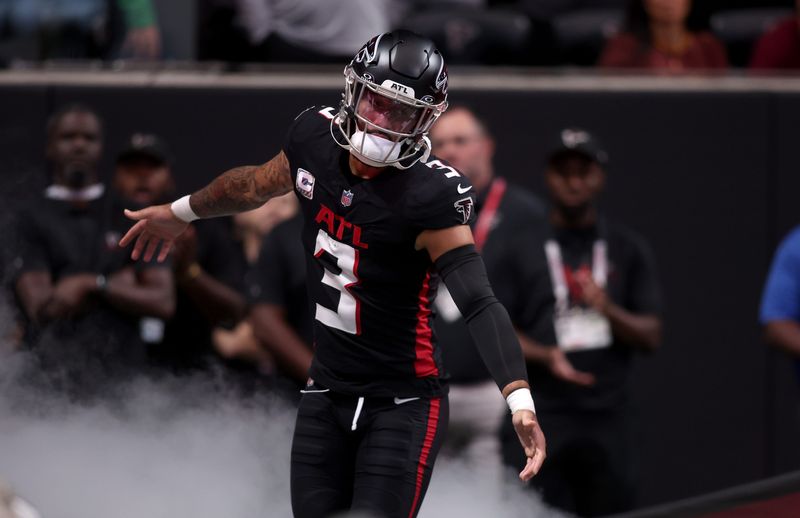 Sep 28, 2025; Atlanta, Georgia, USA; Atlanta Falcons free safety Jessie Bates (3) is introduced before a game against the Washington Commanders at Mercedes-Benz Stadium. Mandatory Credit: Brett Davis-Imagn Images