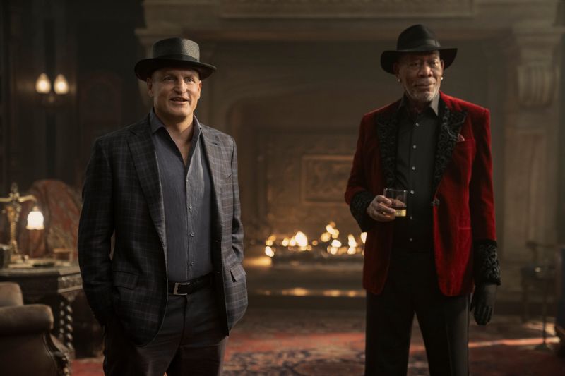 Woody Harrelson as Merrit McKinney and Morgan Freeman as Thaddeus Bradley in "Now You See Me: Now You Don’t."