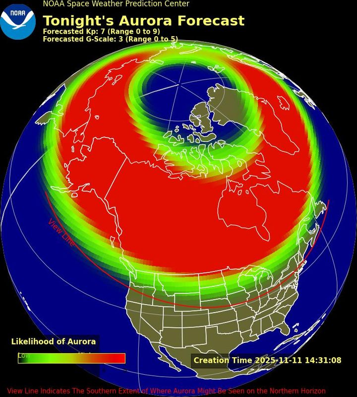 This graphic from the Space Weather Prediction Center shows where the northern lights might shine across North America tonight, Nov. 11 into tomorrow morning, Nov. 12. The red line cutting across Ohio shows how far south the aurora might be visible.