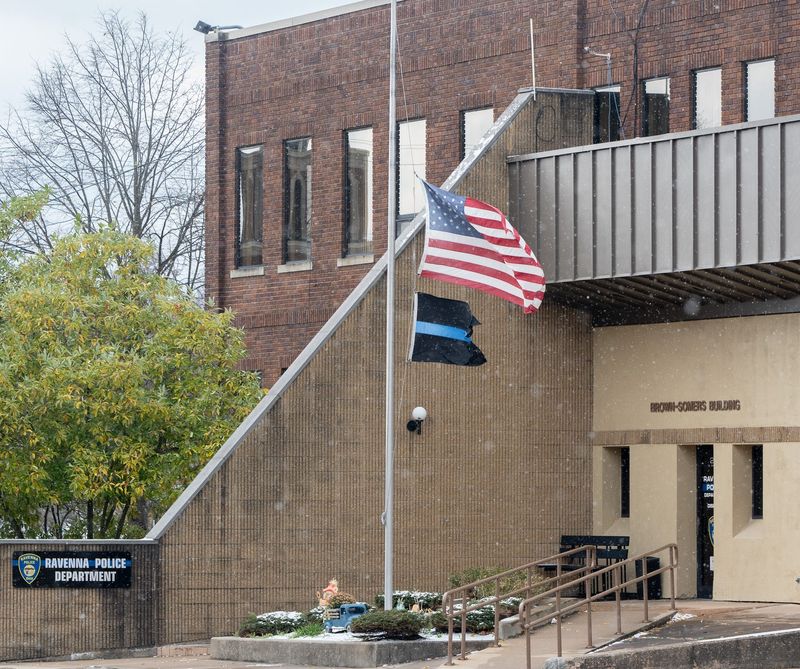 Ravenna Police Department flag as half staff for Portage County’s Veterans Day Remembrance Ceremony in Ravenna on Nov. 11, 2025.