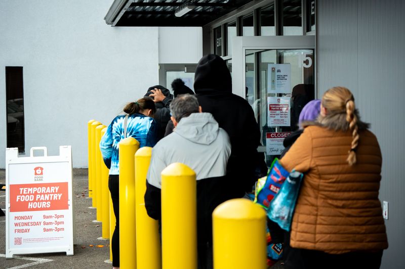 People line up to receive food and resources, Nov. 12, 2025, at the Akron-Canton Regional Foodbank in Akron, Ohio. On Nov. 13, a coalition of partners donated over 3,000 pounds of food to the food bank.