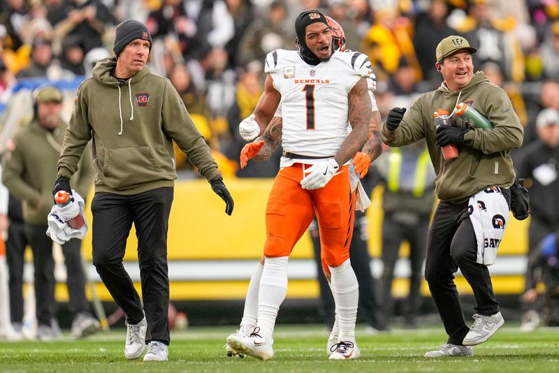 Cincinnati Bengals wide receiver Ja'Marr Chase (1) is pushed out of a skirmish at midfield in the fourth quarter of the NFL Week 11 game between the Pittsburgh Steelers and the Cincinnati Bengals at Acrisure Stadium in Pittsburgh on Sunday, Nov. 16, 2025. The Bengals lost 34-12.