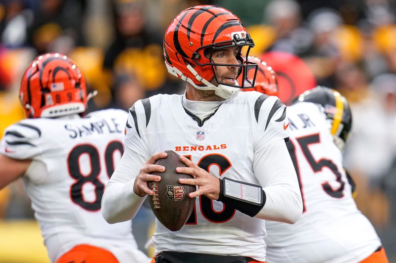 Cincinnati Bengals quarterback Joe Flacco (16) drops back to throw in the second quarter of the NFL Week 11 game between the Pittsburgh Steelers and the Cincinnati Bengals at Acrisure Stadium in Pittsburgh on Sunday, Nov. 16, 2025. The Steelers led 10-6 at halftime.