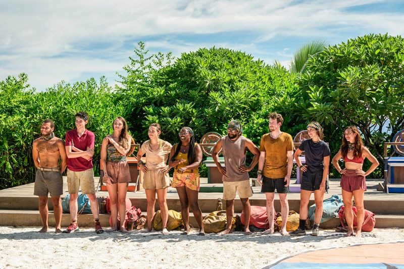 From left: Alex Moore, Rizo Velovic, Sage Ahrens-Nichols, Sophi Segreti, Kristina Mills, Jawann Pitts, Steven Ramm, Sophi Balerdi and Savannah Louie in Season 49 Episode 9 of "Survivor."