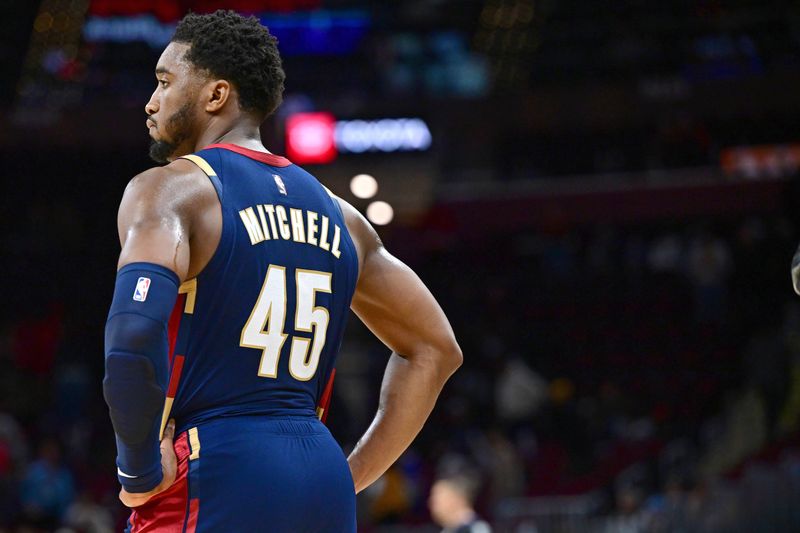 Cleveland Cavaliers guard Donovan Mitchell stands on the floor during the second half against the Houston Rockets on Nov. 19, 2025, in Cleveland.