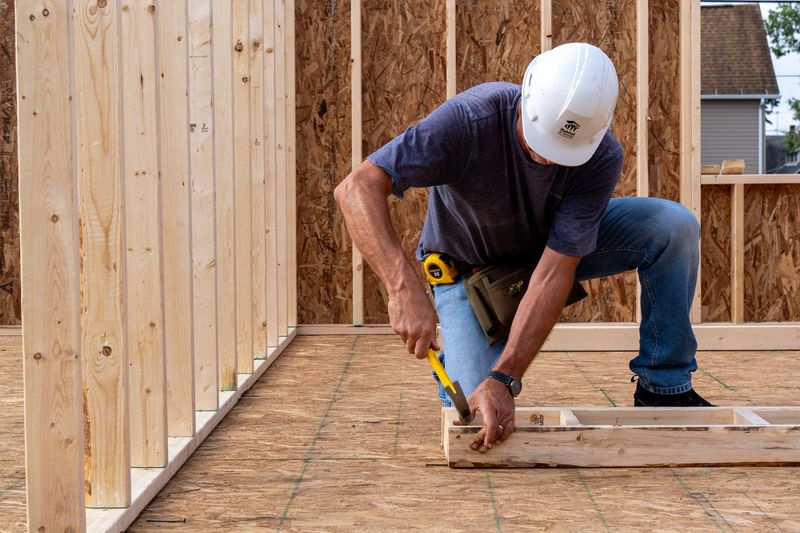 A volunteer with Habitat for Humanity, East Central Ohio works on a new home in Stark County.