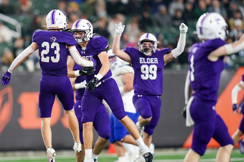 Elder Panthers celebrate after gaining possession of the ball in the first half of Division I regional final high school football game between the Elder Panthers and St. Xavier Bombers, Friday, Nov. 21, 2025, at Paycor Stadium in downtown Cincinnati.