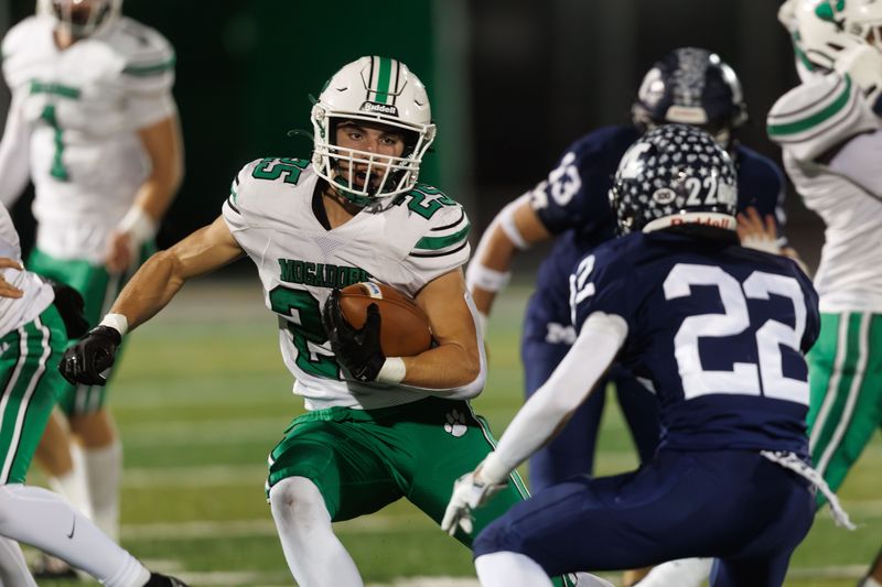 Mogadore running back Conner Lehner cuts downfield during a Division VII regional final against McDonald on Nov. 21, 2025, in Macedonia, Ohio.