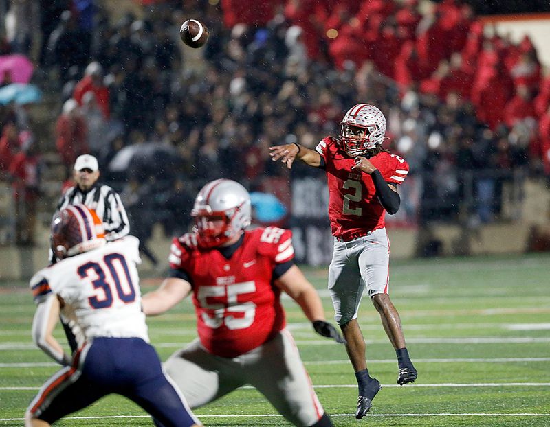 Shelby High School's Brayden DeVito (2) throws a pass against Galion High School during OHSAA Division IV regional finals high school football action Friday, Nov. 21, 2025 at Arlin Field. TOM E. PUSKAR/MANSFIELD NEWS JOURNAL