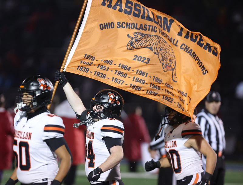 Massillon takes the field against Sunbury Big Walnut in an OHSAA Division II regional championship, Friday, Nov. 21, 2025, in Zanesville.