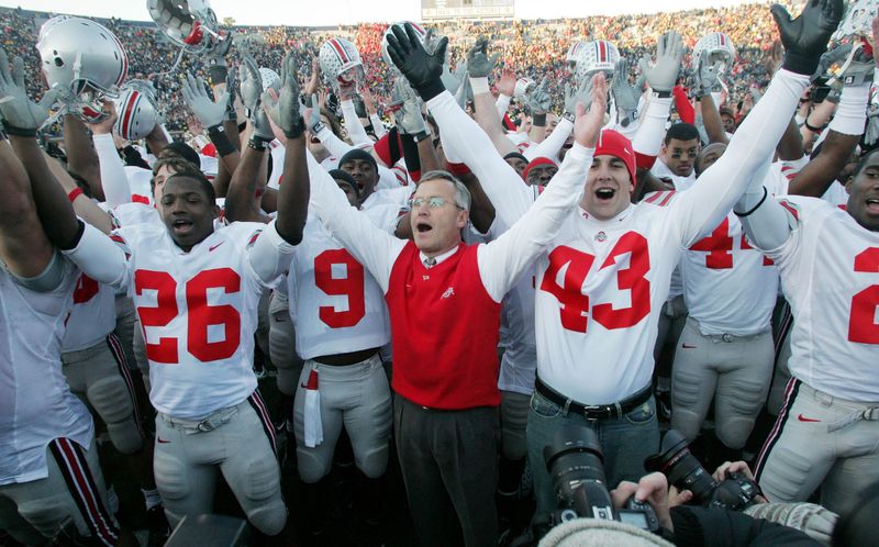 Ohio State celebrates the 25-21 win over Michigan at Michigan Stadium, November 19, 2005.