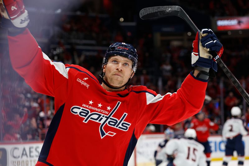 Nov 24, 2025; Washington, District of Columbia, USA; Washington Capitals defenseman Jakob Chychrun (6) celebrates after scoring a goal against the Columbus Blue Jackets during the first period at Capital One Arena. Mandatory Credit: Geoff Burke-Imagn Images