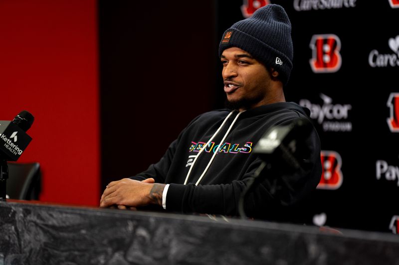 Cincinnati Bengals receiver Ja'Marr Chase speaks at a press conference at Paycor Stadium in Cincinnati on Nov. 25, 2025.