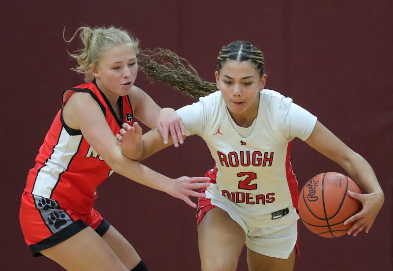 Kent Roosevelt’s Mahlia Friedman takes the ball up the court during the Portage Sports high school girls basketball preview, Nov. 6, 2025, in Atwater, Ohio