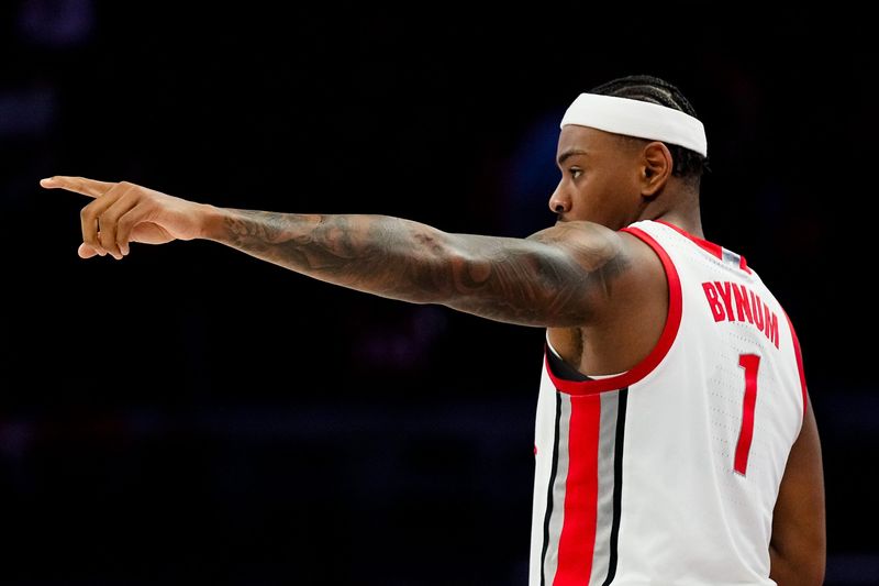 Ohio State Buckeyes forward Amare Bynum (1) reacts in the second half of the NCAA basketball game at Value City Arena on Tuesday, Nov. 25, 2025 in Columbus, Ohio.