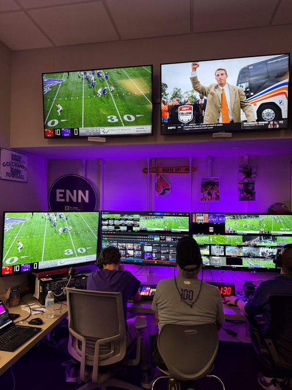 Elder students work in the studio broadcasting Elder's football playoff game with Princeton on Nov. 14.