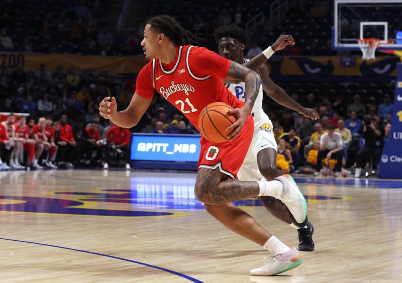 Nov 28, 2025; Pittsburgh, Pennsylvania, USA; Ohio State Buckeyes forward Devin Royal (21) handles the ball against the Pittsburgh Panthers during the first half at the Petersen Events Center. Mandatory Credit: Charles LeClaire-Imagn Images
