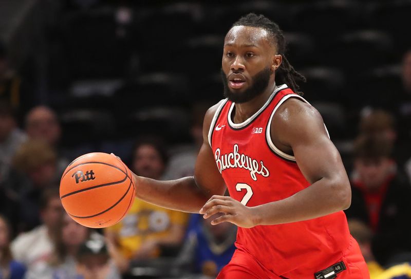 Nov 28, 2025; Pittsburgh, Pennsylvania, USA; Ohio State Buckeyes guard Bruce Thornton (2) brings the ball up court against the Pittsburgh Panthers during the first half at the Petersen Events Center. Mandatory Credit: Charles LeClaire-Imagn Images