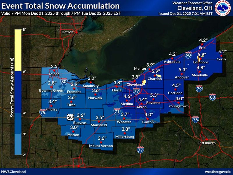 The National Weather Service is predicting snow overnight and into the morning of Dec. 2.