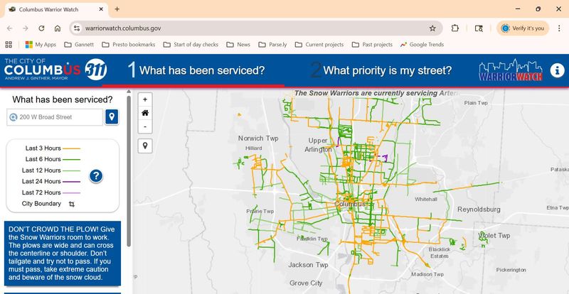The Warrior Watch website tracks snow plows around Columbus on Tuesday, Dec. 2, 2025.