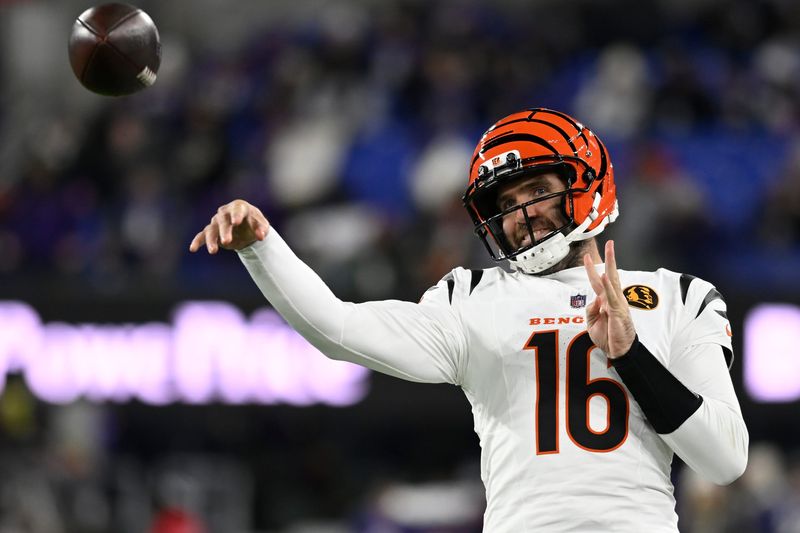 Nov 27, 2025; Baltimore, Maryland, USA; Cincinnati Bengals quarterback Joe Flacco (16) practices before the game at M&T Bank Stadium. Mandatory Credit: Tommy Gilligan-Imagn Images
