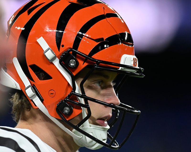 Nov 27, 2025; Baltimore, Maryland, USA; Cincinnati Bengals quarterback Joe Burrow (9) practices before the game at M&T Bank Stadium. Mandatory Credit: Tommy Gilligan-Imagn Images