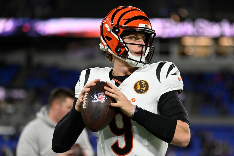 Nov 27, 2025; Baltimore, Maryland, USA; Cincinnati Bengals quarterback Joe Burrow (9) practices before the game at M&T Bank Stadium. Mandatory Credit: Tommy Gilligan-Imagn Images