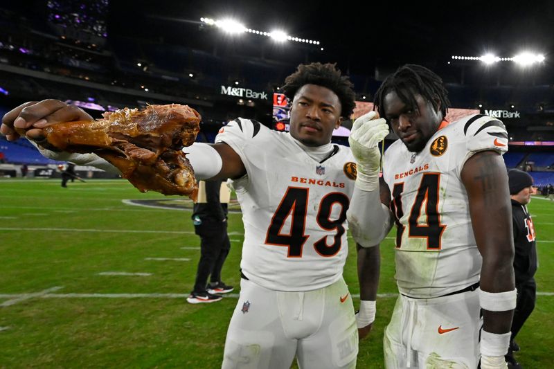 Nov 27, 2025; Baltimore, Maryland, USA; Cincinnati Bengals linebacker Barrett Carter (49) reacts after the game at M&T Bank Stadium. Mandatory Credit: Tommy Gilligan-Imagn Images