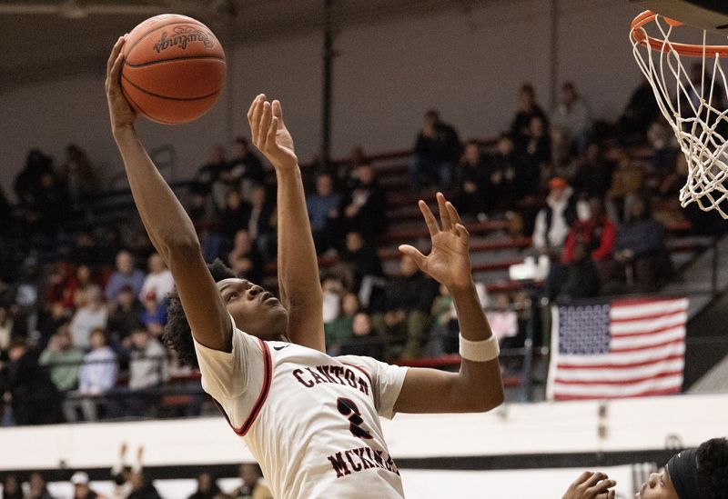 McKinley’s Anthony Chavers grabs a rebound against St. Vincent-St. Mary on Tuesday, Dec. 2, 2025.