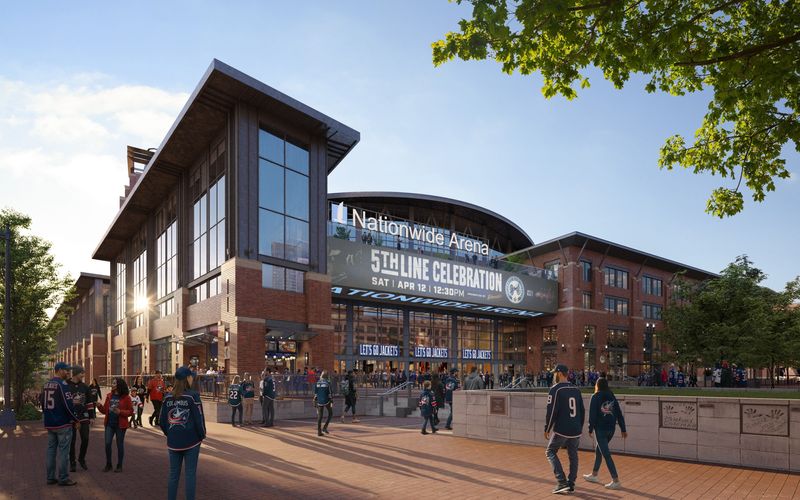This rendering shows a potential new east entry plaza into Nationwide Arena. The Franklin County Convention Facility Authority is advancing a plan for a $400 million renovation and modernization of the arena.