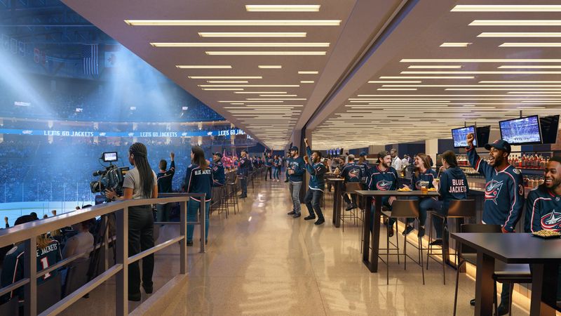 This rendering shows a potential long bar area at Nationwide Arena. The Franklin County Convention Facility Authority is advancing a plan for a $400 million renovation and modernization of the arena.