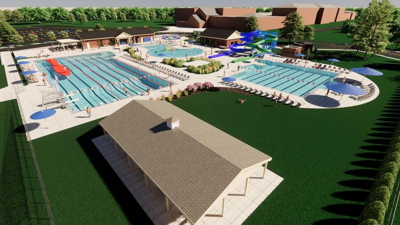A rendering of the planned new Worthington outdoor pool complex next to Thomas Worthington High School. Construction is expected to start in early January 2026 and the pools are expected to open for the 2027 season.