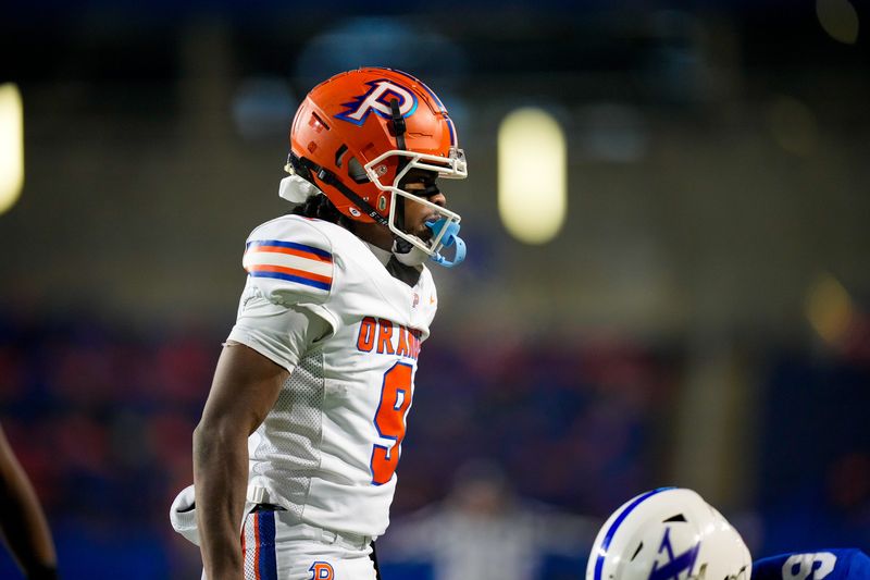 Olentangy Orange's MC Walker reacts after catching a pass in the first half of the OHSAA Division I state championship at Tom Benson Hall of Fame Stadium on Dec. 5.