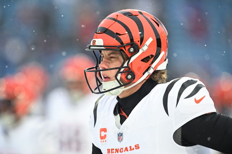 Dec 7, 2025; Orchard Park, New York, USA; Cincinnati Bengals quarterback Joe Burrow (9) looks on before the game against the Buffalo Bills at Highmark Stadium. Mandatory Credit: Mark Konezny-Imagn Images