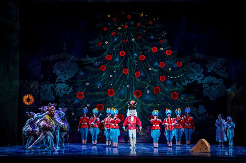 One of the highlights of the first act of “Nutcracker” is a pitched battle between oversized mice and toy soldiers. Pictured here is the moment when the momentum of the battle shifts as the Nutcracker Prince (Zander Magolnick) appears and leads his small army to victory against the marauding, but very funny, rodents.