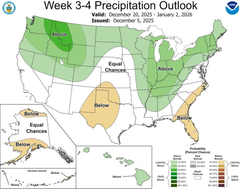 National Oceanic and Atmospheric Administration precipitation forecast shows above-average chance of snow and precipitation in Ohio on Christmas Day.