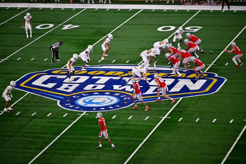 Jan 10, 2025; Arlington, TX, USA; A view of the Cotton Bowl logo at midfield during the game between the Texas Longhorns and the Ohio State Buckeyes at AT&T Stadium. Mandatory Credit: Jerome Miron-Imagn Images
