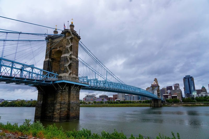 Cloudy skies near the Roebling Suspension Bridge and the Ohio River after the remnants of Hurricane Helene brought high winds and rain to the Greater Cincinnati area Friday, September 27, 2024.