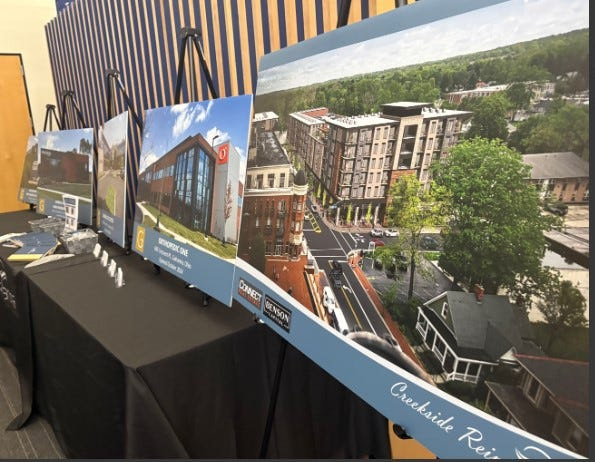 Some of the projects that development and planning officials from Columbus and suburban cities highlighted with picture boards on Dec. 11 at an event held at the Mid-Ohio Regional Planning Commission headquarters. At right are renderings of the planned $100-million redevelopment in the Creekside District in Gahanna.