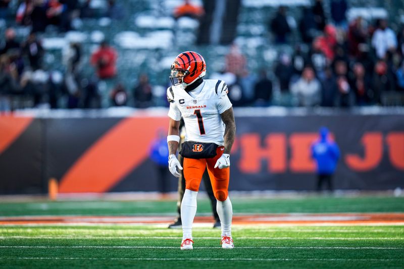 Cincinnati Bengals wide receiver Ja'Marr Chase (1) lines up wide in the fourth quarter of the NFL Week 15 game between the Cincinnati Bengals and the Baltimore Ravens at Paycor Stadium in Cincinnati on Sunday, Dec. 14, 2025. The Bengals were shut out, 24-0.