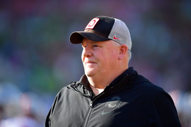 Jan 1, 2025; Pasadena, CA, USA; Ohio State Buckeyes offensive coordinator Chip Kelly looks on before the 2025 Rose Bowl college football quarterfinal game against the Oregon Ducks at Rose Bowl Stadium. Mandatory Credit: Gary A. Vasquez-Imagn Images