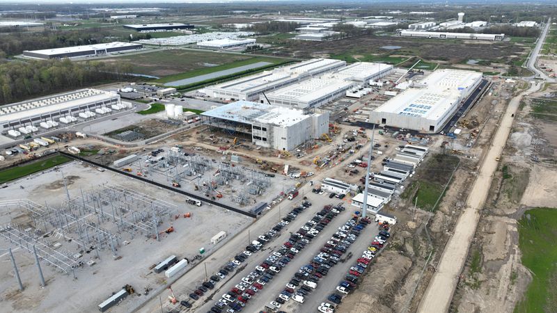 A data center and electric substation are shown under construction on April 20, 2024, along Jug Street in Licking County.