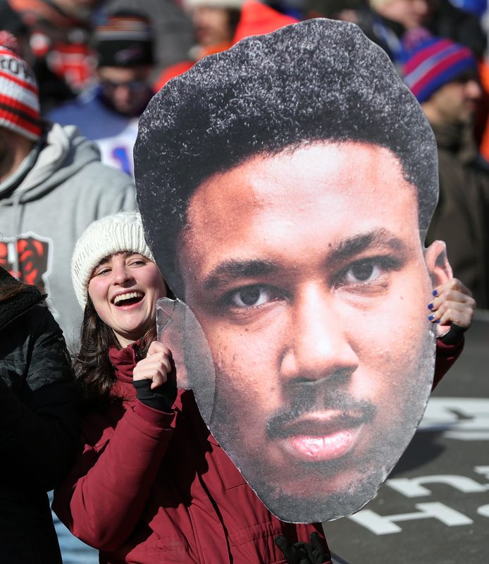 A Myles Garrett fan shows her support as he chases the NFL sack record during the first half of an NFL football game at Huntington Bank Field, Dec. 21, 2025, in Cleveland, Ohio.